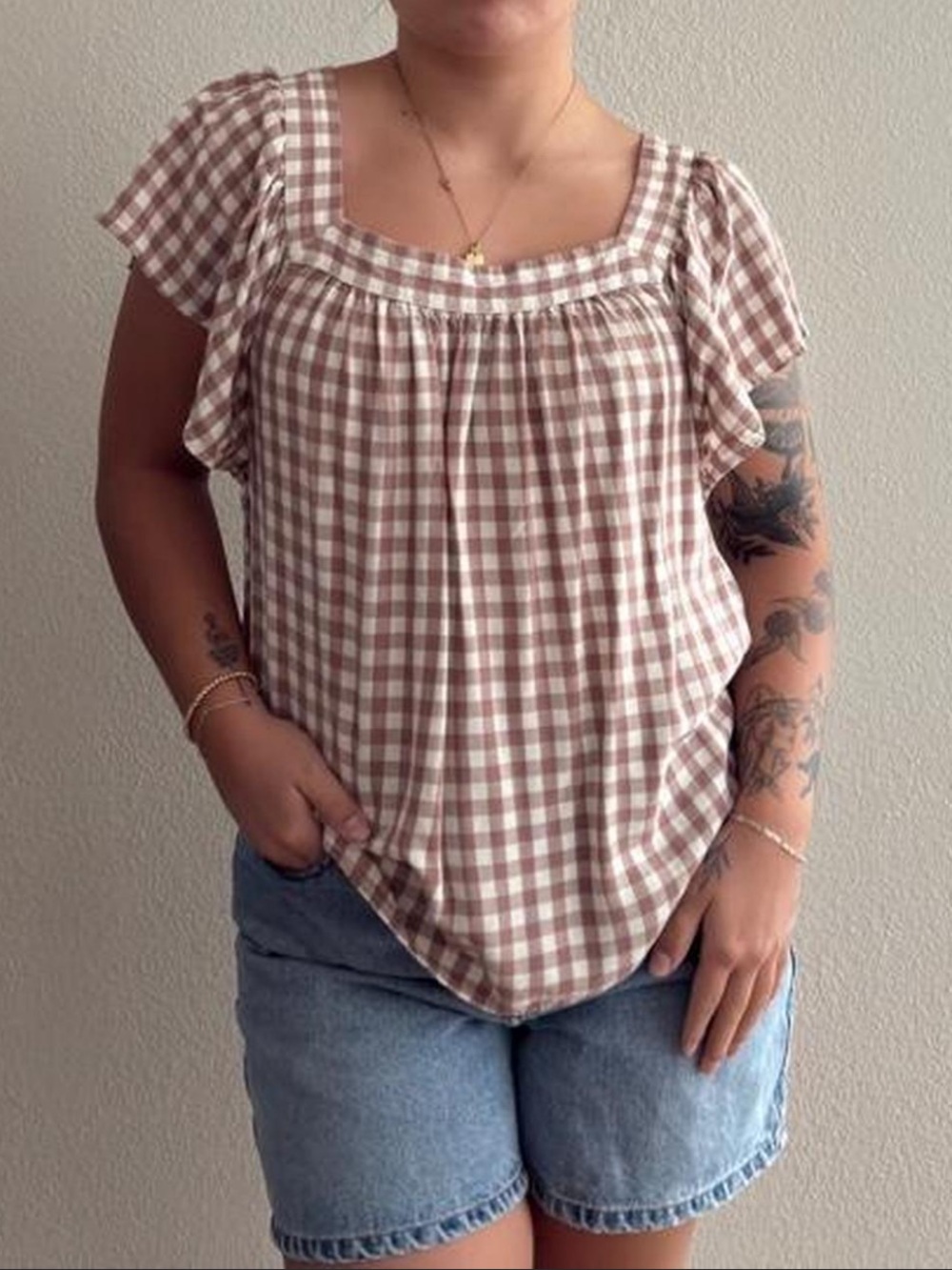 LOFT Gingham Square Neck Blouse